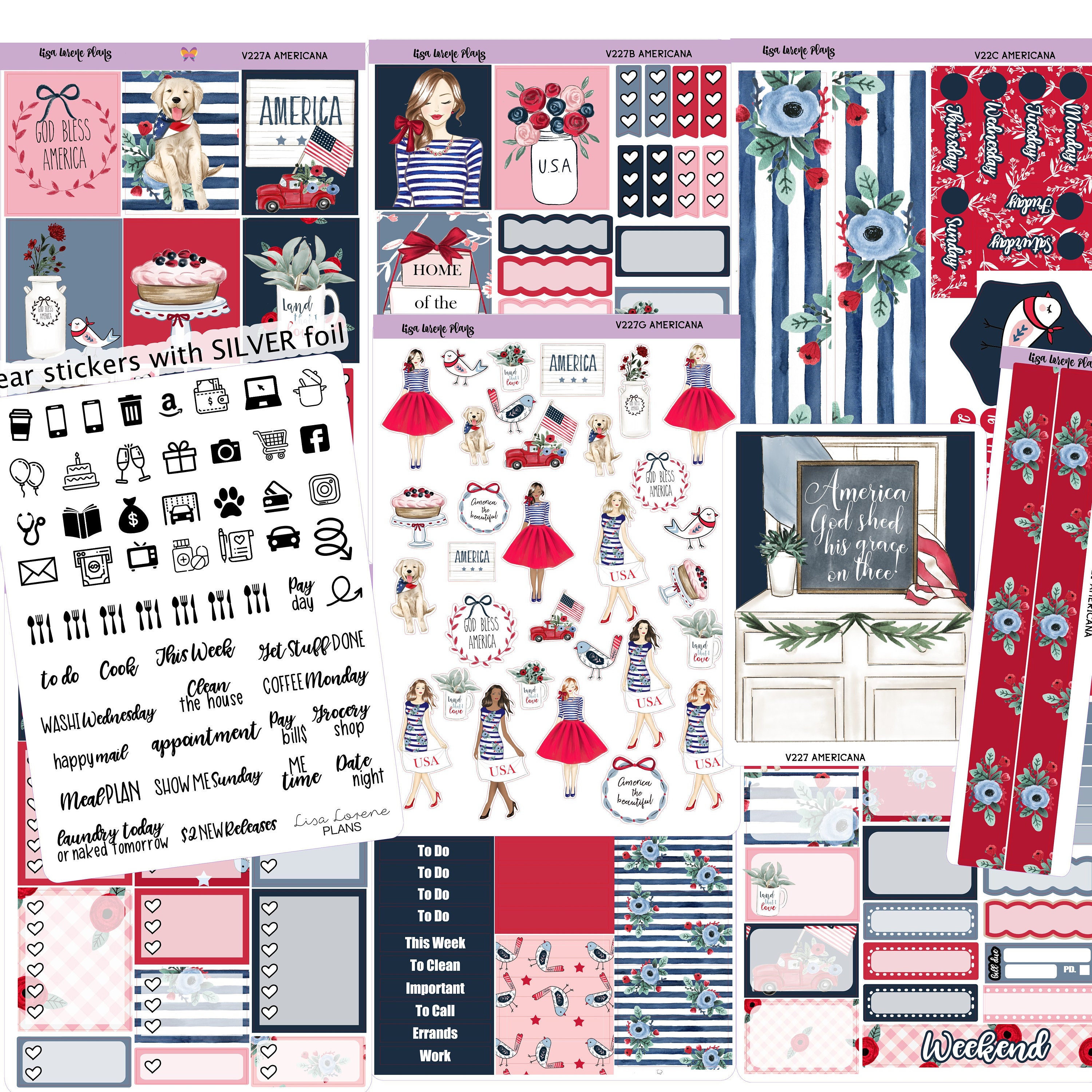 AMERICANA July 4th  |  Vertical Planner Sticker Kit | Weekly sticker …