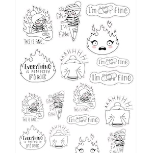 May include: A set of 12 black and white stickers featuring a cartoon character with a bandage on their head and the text "I'm Fine" and "This is Fine". The character is surrounded by flames and is holding a cup of coffee. The stickers are perfect for adding a touch of humor to your planner, laptop, or water bottle.