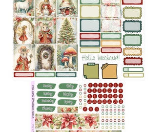 May include: A set of Christmas-themed planner stickers featuring illustrations of a unicorn, a squirrel, a mouse, a fairy, a Christmas tree, a mushroom, a door, and a poinsettia. The stickers include various shapes, sizes, and colors, including red, green, white, and gold. The stickers also include text such as "Hello Weekend!" and days of the week.