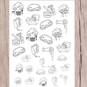 May include: A sheet of black and white stickers featuring illustrations of a woman with different beauty routines, including applying face masks, using a hair dryer, and taking a bath. The stickers also include illustrations of beauty products, such as nail polish, eye masks, and wax.