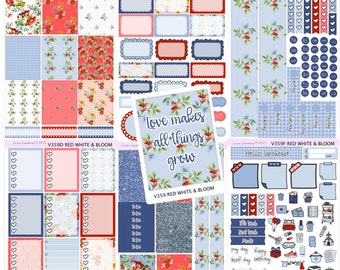 May include: A set of planner stickers with a red, white, and blue color scheme. The stickers feature floral patterns, hearts, and the text "Love makes all things grow".