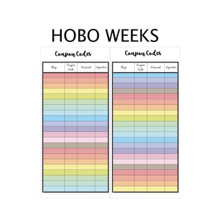 May include: A printable planner page with the title "HOBO WEEKS" and two sections labeled "Coupon Codes". Each section has a table with columns for "Shop", "Coupon Code", "Discount", and "Expiration".