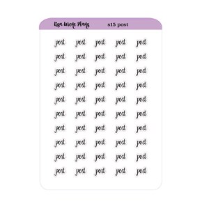 May include: A sheet of clear stickers with the word "post" written on each sticker. There are 15 stickers in total, arranged in 5 rows of 3 stickers each. The stickers are designed for use in a planner or journal.