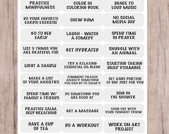 May include: A printable sheet with 20 self-care tips for managing anxiety. The tips are organized in a grid with white rectangular boxes and black text. The title of the sheet is "180 The Anxiety Challenge".