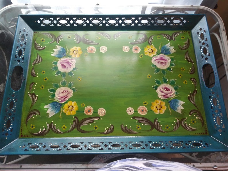 Vintage Metal Serving Tray Hand Painted Roses and Pastel Etsy