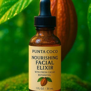 Puede incluir: Una botella de vidrio marrón de "PUNTA COCO NOURISHING FACIAL ELIXIR" con un cuentagotas negro, sobre un fondo de hojas verdes y una vaina de cacao. La etiqueta dice "WITH FRESH CACAO BOTANICAL" y "30 ml". El texto "SIMPLE, HONEST SKINCARE" está en la parte inferior.