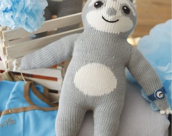 Handmade Organic Cotton Sloth Plush: Knitted Stuffed Animal with Watch
