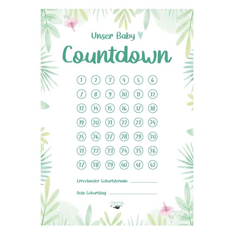 Baby Countdown, Schwangerschafts-Kalender, DIN A5, Baby, Regenwald ...