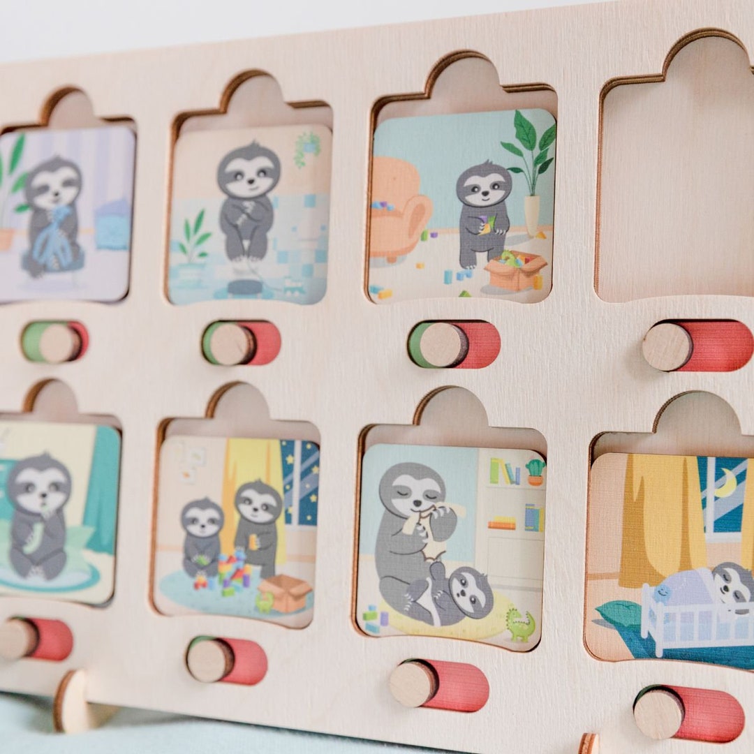 Night Routine for Kids, Wooden Toy, Montessori, 15 Routine Cards, Sloth ...