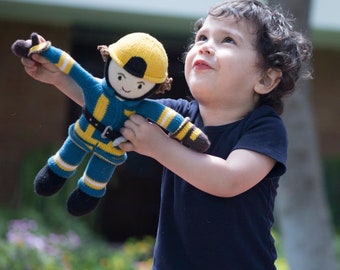 Fireman Doll – 30 cm Hand-Knitted Organic Cotton Toy, Eco-Friendly Hypoallergenic Plush, Ideal Holiday Gift for Kids