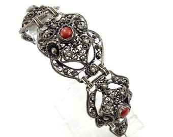 Balkan filigree silver bracelet, Faux coral silver bracelet, Balkan filigree, Balkan silver, Filigree bracelet