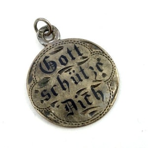 Antique, 19th., Enamel silver pendant, Silver enamel pendant, Antique enamel pendant, Gott Schutze Dich, Mourning pendant, Black enamel