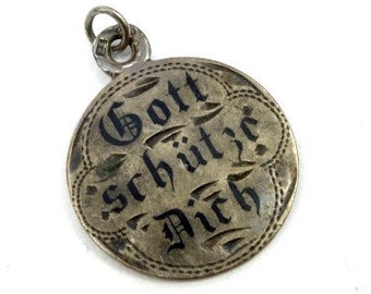 Antique, 19th., Enamel silver pendant, Silver enamel pendant, Antique enamel pendant, Gott Schutze Dich, Mourning pendant, Black enamel