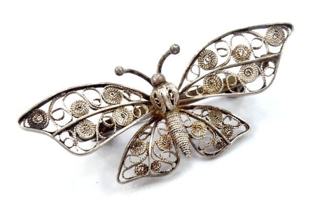 Broche Vintage Papillon Années 40 - Laiton Et Perles, état De Trouvaille (à Nettoyer)