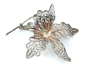 1930's silver brooch, Openwork silver brooch, Filigree silver vintage brooch, Handmade silver brooch, Flower silver brooch, Handmade, Italy