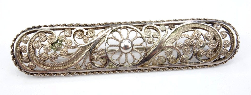 大きなフィリグリーシルバーブローチ、透かし彫りシルバーブローチ