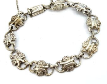 1940s, 1930s, Art deco silver bracelet, Vintage silver bracelet, Flowers motiv, Panel silver bracelet, Flowers silver bracelet, Art deco