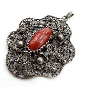 Balkan filigree silver pendant, Faux coral silver pendant, Balkan filigree, Balkan silver, Filigree pendant