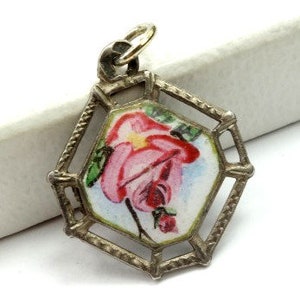 Antique, 1920s., Enamel silver lucky charm pendant, Silver enamel pendant, Antique enamel pendant, Silver rose pendant, Ename rose pendant