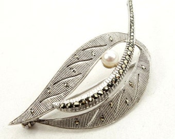 Original Theodor Fahrner silver brooch, Marcasites silver leaf, Theodor Fahrner jewelry, Vintage silver marcasites brooch, Art deco
