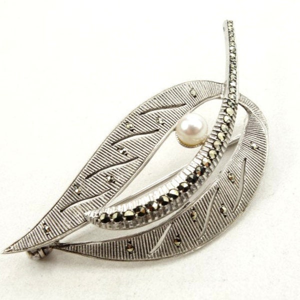 Original Theodor Fahrner silver brooch, Marcasites silver leaf, Theodor Fahrner jewelry, Vintage silver marcasites brooch, Art deco