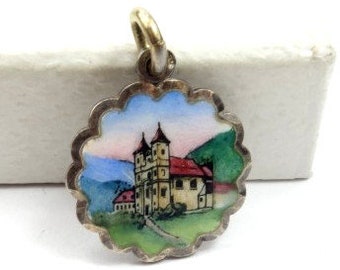1940s, 1930s, Vintage enamel silver pendant, Silver enamel charm pendant, Church, Sanctuary, Enamel silver pendant, Maria Schutz