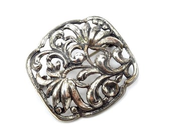 大きなフィリグリーシルバーブローチ、透かし彫りシルバーブローチ