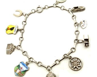 Pulseira de berloques de prata dos anos 1930, anos 1940, anos 40, Pulseira de berloques vintage, Pulseira de prata vintage, Pulseira com pingentes, Vintage