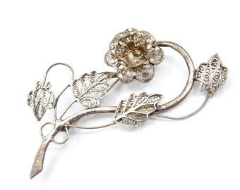 1940's silver brooch, Openwork silver brooch, Filigree silver vintage brooch, Handmade silver brooch, Flower silver brooch, Handmade