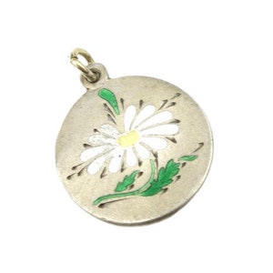 Antique, late 19th. / early 20th., enamel silver lucky charm pendant, Silver enamel pendant, Antique enamel pendant, Silver daisy pendant