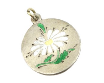 Antique, late 19th. / early 20th., enamel silver lucky charm pendant, Silver enamel pendant, Antique enamel pendant, Silver daisy pendant