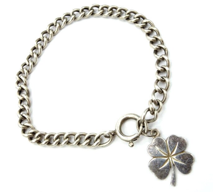 Antique silver bracelet, Victorian era, Silver curb chain bracelet, Circa 1900's, Victorian bracelet, Four leaf clover