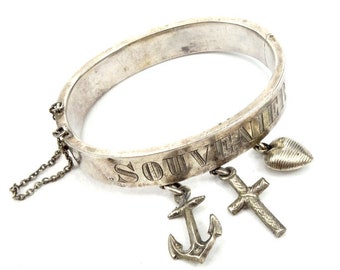Sentimental jewelry, Victorian era, Victorian silver bangle bracelet, Antique silver bracelet, 19th., SOUVENIER, Faith, Love, Hope, Symbols
