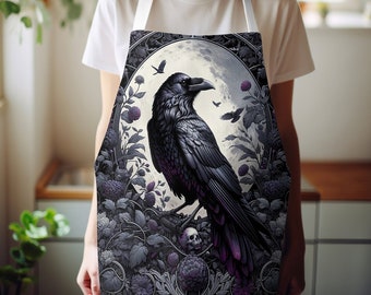 Gothic Raven Kitchen Apron - Durable Kitchen Apron for Cooking, Baking, BBQ, Soft Goth Unisex, Waterproof and Adjustable