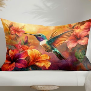 Hummingbird Lumbar Pillow Cover, Tropical Floral Design, Cotton Linen Pillowcase, Double-Sided Print, Decorative Nature-Inspired Cushion