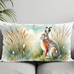 Rabbit Lumbar Pillow Cover, Hare Design, Cotton Linen Pillowcase, Double-Sided Print, Decorative Animal Lover Cushion