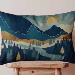 Mountain Forest Lumbar Pillow Cover Teal Navy Gold | Oblong Nature Landscape Cushion for Cabin Decor or Cozy Home | Adventure Throw Pillow
