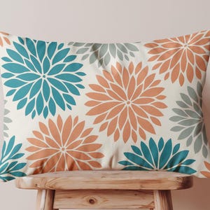 Floral Geometric Lumbar Pillow Cover in Teal and Orange, Rectangular Oblong Cushion Case, Modern Boho Throw Pillow, Hidden Zipper