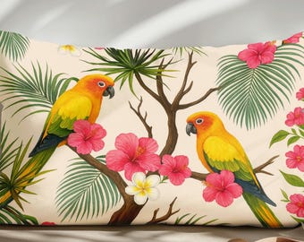 Sun Parrot Tropical Lumbar Pillow Cover – Exotic Yellow Bird Rectangle Cushion with Pink Hibiscus, Summer Throw Pillow for Coastal Decor