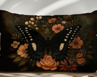 Dark Academia schwarzer Schmetterling Kissenbezug - Vintage Floral Gothic Ästhetik Lendenkissen, Mottenkern Cottagecore Wohnkultur Geschenk
