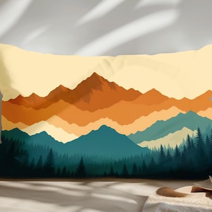 Layered Mountain Lumbar Pillow Cover - Bold Nordic Forest Landscape in Teal and Terracotta, Double-Sided Cushion with Hidden Zipper Accent