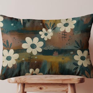 Bold Abstract White Flower Lumbar Pillow Cover, Rustic Boho Floral Cushion, Modern Artistic Sofa Pillow, Nature Inspired Living Room Decor