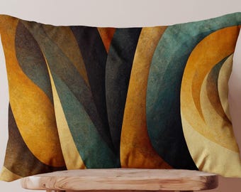 Retro Abstract Lumbar Pillow Cover with Bold Curves, Rectangular Oblong Cushion Case, Mid Century Modern Throw Pillow, Hidden Zipper