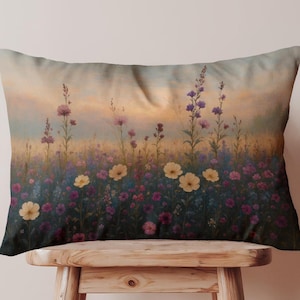 Wildflower Meadow Lumbar Pillow Cover, Dark Academia Floral Rectangular Oblong Cushion Case, Moody Cottagecore Pillow, Hidden Zipper, Sizes