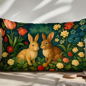 May include: Rectangular cushion featuring two brown rabbits in a colourful floral garden. The design includes red tulips, yellow and blue flowers, and green foliage, creating a whimsical and vibrant pattern.