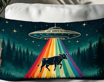 Retro kussensloop van ufo-koe-ontvoering – grappig Alien Rainbow Beam-accent voor de inrichting van de slaapzaal, sciencefictionliefhebbers of een eigenzinnige bankverklaring