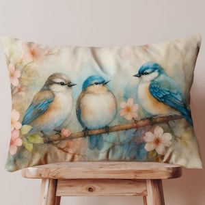 Watercolor Bluebirds Lumbar Pillow Cover, Spring Bird Cushion, Nature Garden Decor, Cottagecore Sofa Accent, Gift for Bird Lover Home