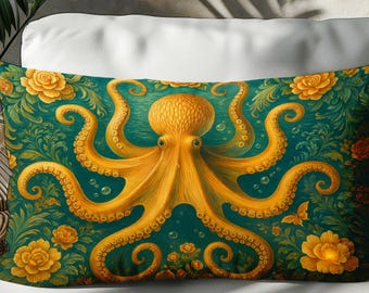 Cuscino decorativo a forma di polpo - Cuscino floreale con motivo a vita marina subacquea, decorazione nautica boho oceanica per casa al mare o vita costiera