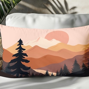 Nordic Forest Mountain Lumbar Pillow Cover - Blush Sunset Landscape, Double-Sided Boho Cushion with Hidden Zipper, Earthy Nature Decor