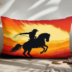 Western Cowboy Rodeo Pillow Cover – Sunset Horse Silhouette Lumbar Cushion, Rustic Ranch Decor for Country Homes, Bold Western Accent